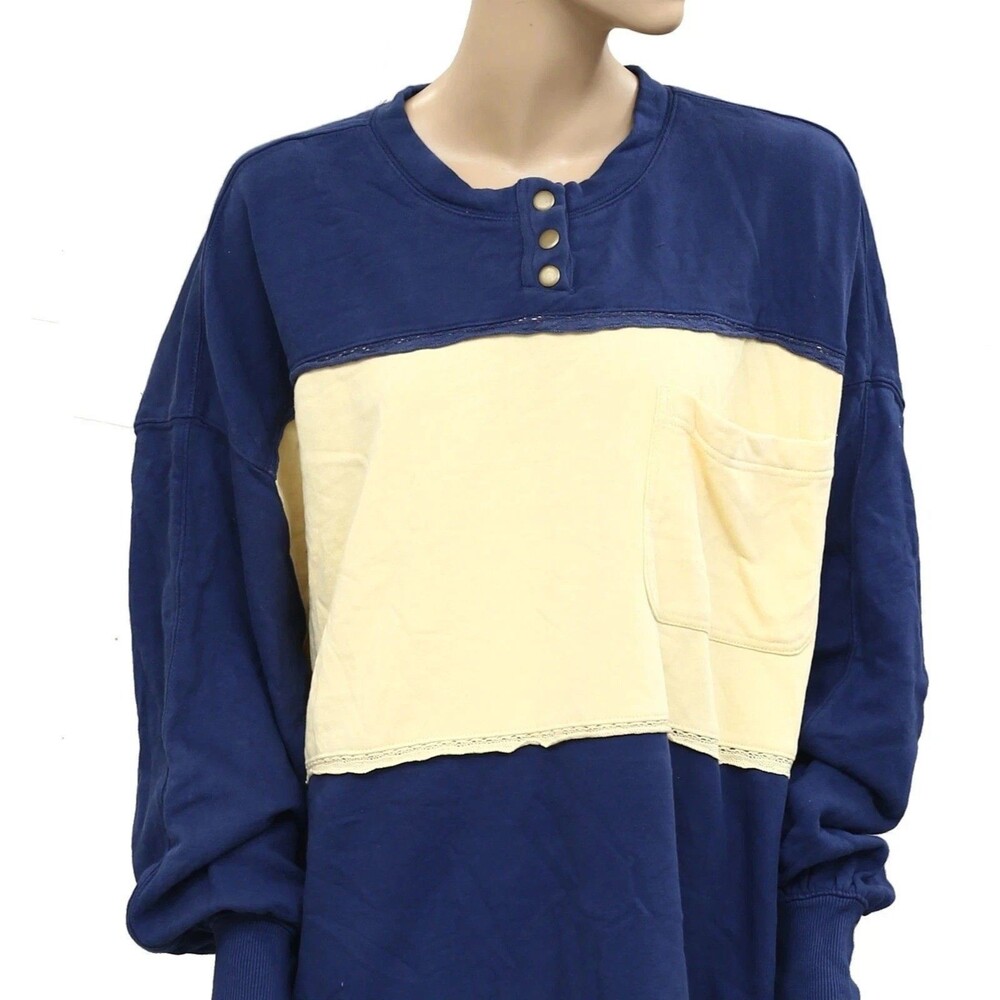 Free People Strawberry Sweatshirt Top Pullover Colorblock Ribbed Blue XL 284052 - Picture 6 of 8